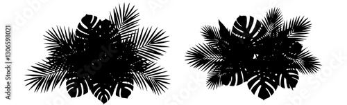 Collection of black vector leaves of tropical plants bush (Monstera, palm, rubber plant, pine, bird's nest fern). PNG, cutout, or clipping path.