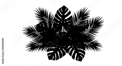 black vector silhouette leaves of tropical plants bush (Monstera, palm, rubber plant, pine, bird's nest fern, succulent , ). isolated on transparent background . PNG, cutout, or clipping path.