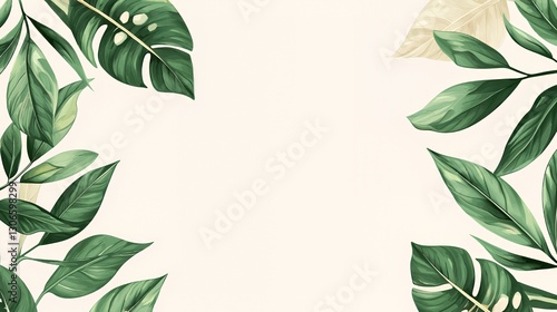 Watercolor Green Tropical Leaves Frame on Beige Background