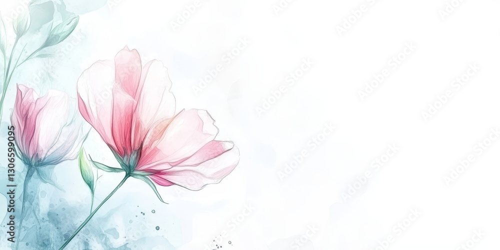 Obraz premium Romantic Cosmos Flowers Watercolour Painting, Delicate Floral Background with Pastel Colors