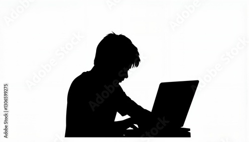 Teenager hacking on computer silhouette, cybercrime concept