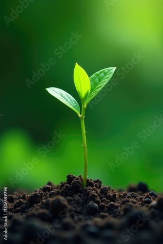 Delicate stem of small green plant rises from the surface, growth, leafy greens