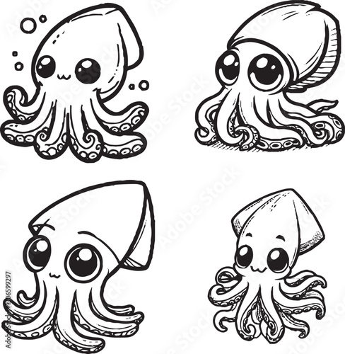 "Charming Cartoon Squid Silhouettes - Black and White Illustrations
