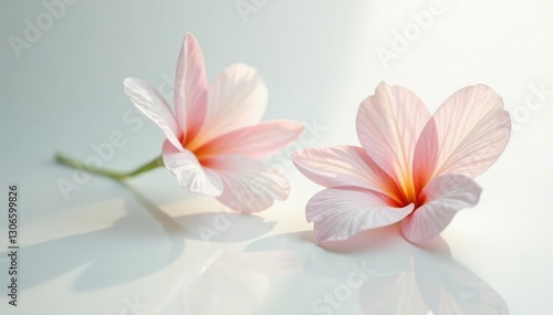 Flower with subtle reflections and shading against a bright white surface, shading, bloom, bright white