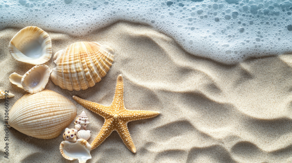 Seashells and starfish on sandy beach with gentle waves Seashells and starfish on sandy beach with gentle waves