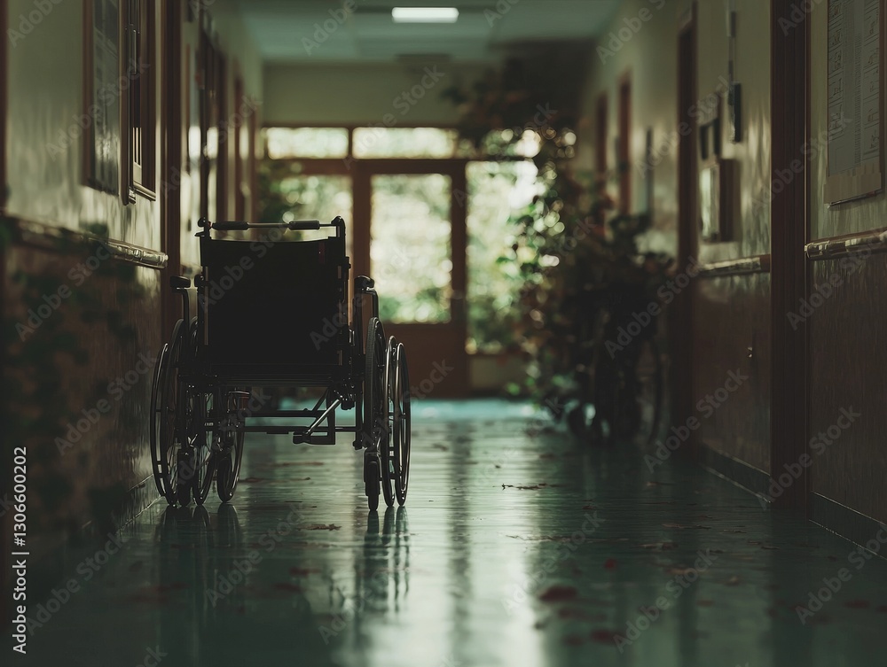 Obraz premium A healthcare setting features a corridor lined with wheelchairs