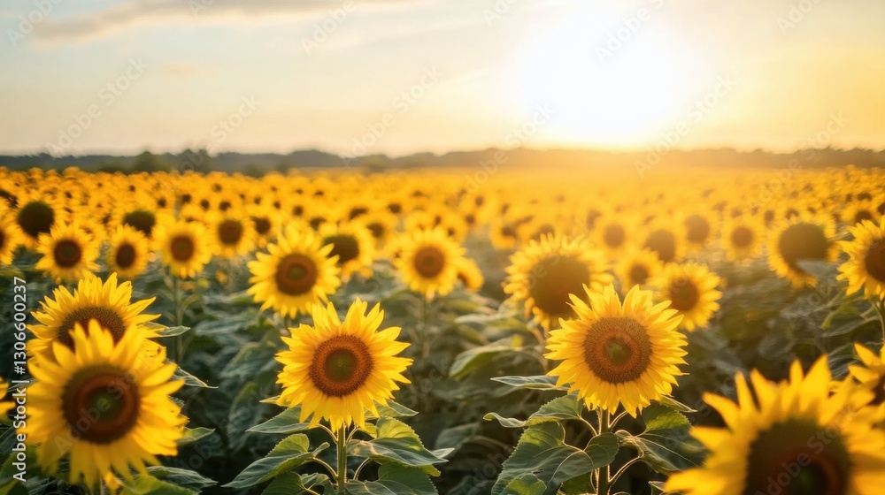 Obraz premium A Vibrant Field Of Golden Yellow Sunflowers At Sunset