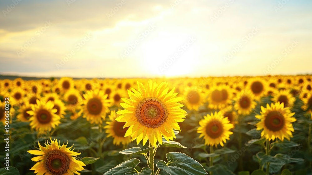Fototapeta premium Many sunflowers facing toward the warm golden sunset sky