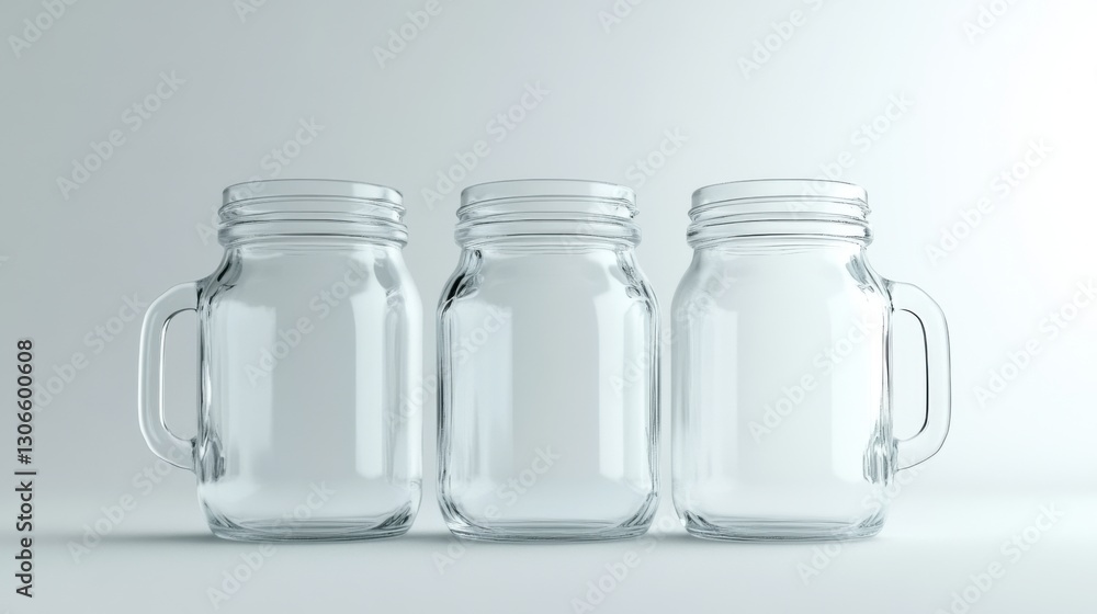 Three Empty Mason Jars with Handles on a White Background Three Empty Mason Jars with Handles on a White Background