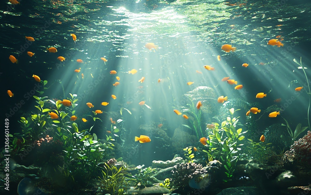 Naklejka premium Sunbeams illuminate a vibrant underwater scene. Orange fish swim amidst lush aquatic plants and coral. Serene and peaceful underwater world.