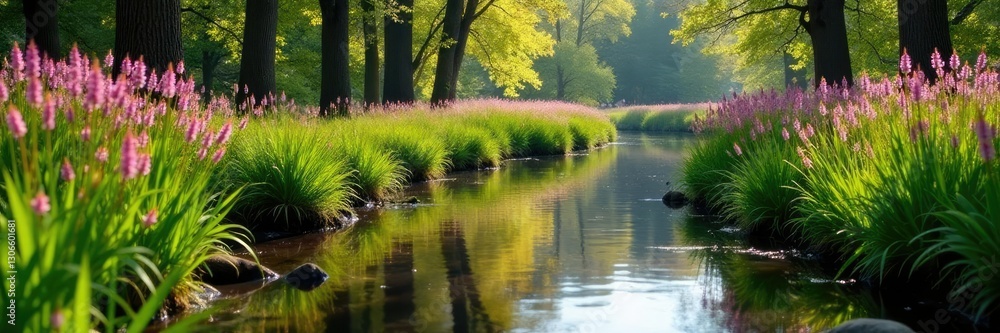 Payne's Creek in spring with blooming cattails, nature, spring, creek flow Payne's Creek in spring with blooming cattails, nature, spring, creek flow