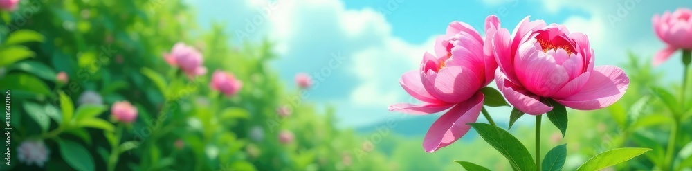 Peony blooms against bright green foliage and sky background, greenery, foliage Peony blooms against bright green foliage and sky background, greenery, foliage