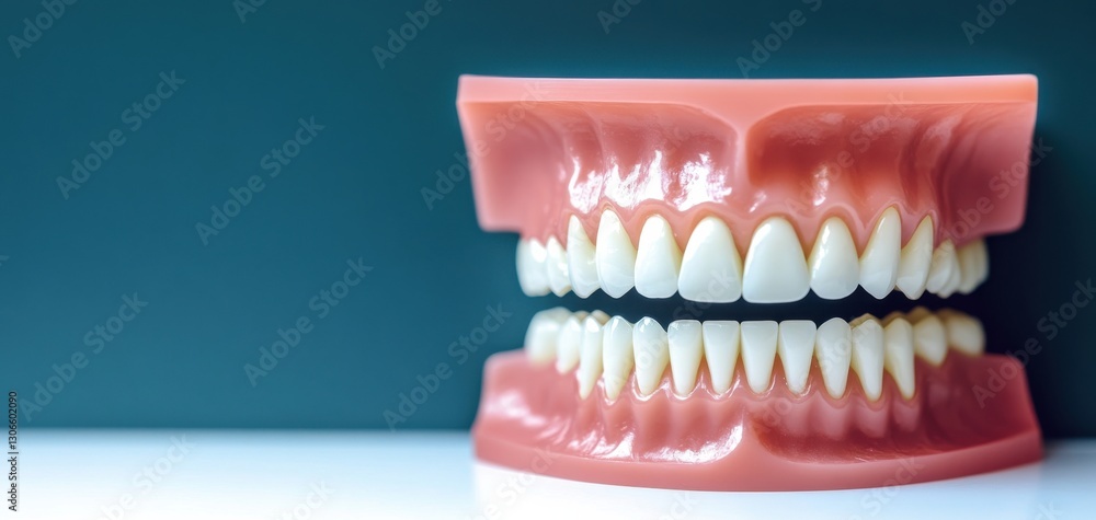 Obraz premium A detailed dental model showcasing a set of human teeth. Orthodontic treatment with braces enhances both dental aesthetics and function, providing a confident smile and improved gum health