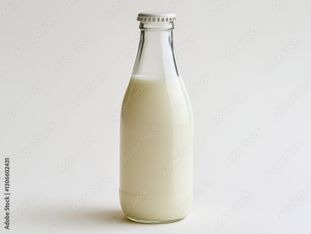 Classic glass bottle filled with fresh milk on a clean surface Classic glass bottle filled with fresh milk on a clean surface