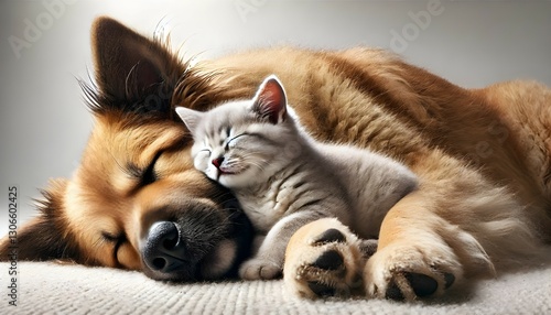 Sleeping Dog and Kitten Cuddling Together – Cozy and Peaceful Pet Love