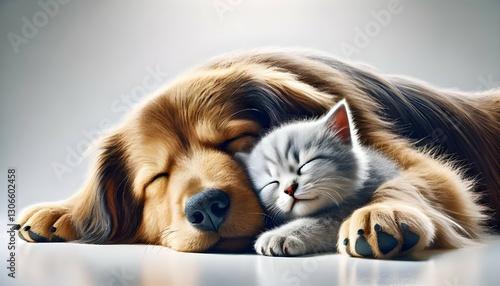 Sleeping Dog and Kitten Cuddling Together – Cozy and Peaceful Pet Love