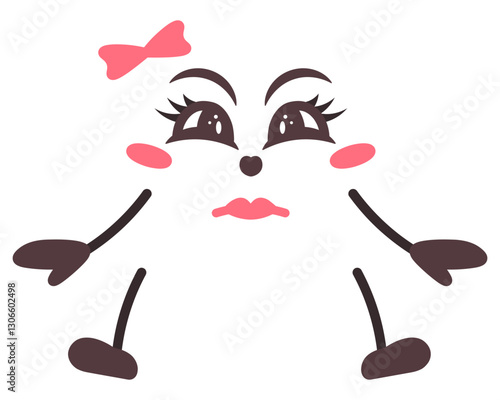Angry female face expression. Stare, frowning eyebrows, threatening pose, arms to the sides, bow decoration. Face with frowning emotions. Color vector illustration. Isolated white background. 