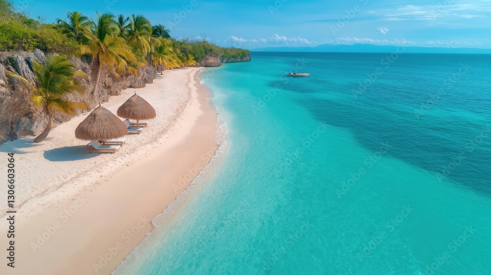 Naklejka premium Breathtaking tropical beach with white sand and turquoise waters under a clear blue sky