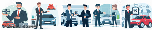 Vector of a car salesperson offering a product.