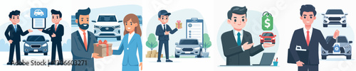 Vector of a car salesperson offering a product.