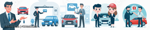 Vector of a car salesperson offering a product.