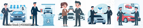 Vector of a car salesperson offering a product.