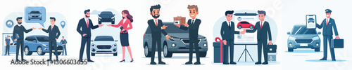 Vector of a car salesperson offering a product.