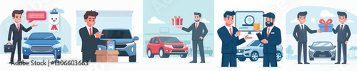 Vector of a car salesperson offering a product.