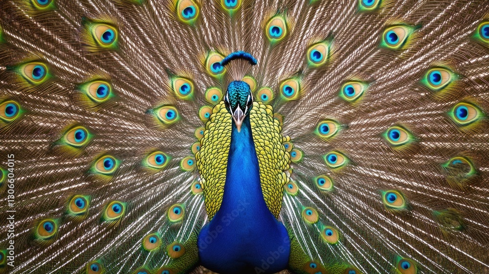 Fototapeta premium The colorful male peacock displays its vibrant plumage for all to see