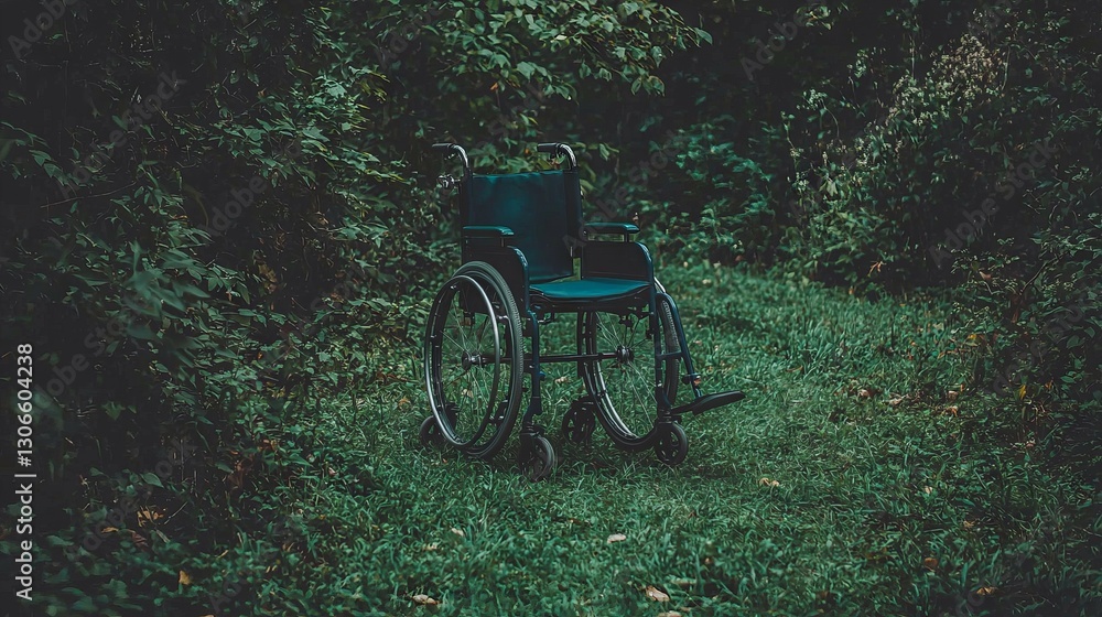Obraz premium A blue wheelchair, empty and stationary, sits on a lush green grassy area bathed in sunlight, symbolizing accessibility, independence, and mobility for people with disabilities in outdoor settings
