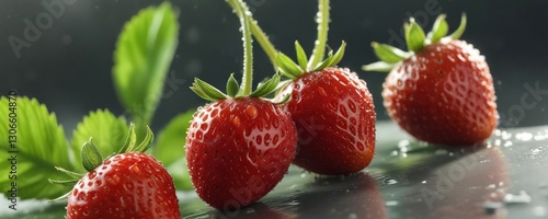 Ripe strawberries with water drops on stem in sunlight, sunlight, DIY, backyard gardening, labor, orangic farming photo