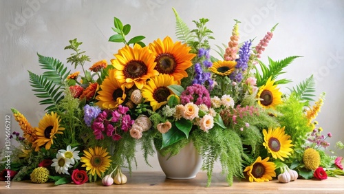 Wallpaper Mural Vibrant Summer Bouquet Featuring Sunflowers, Roses, and Assorted Blooms in a Ceramic Vase on Wooden Surface Torontodigital.ca