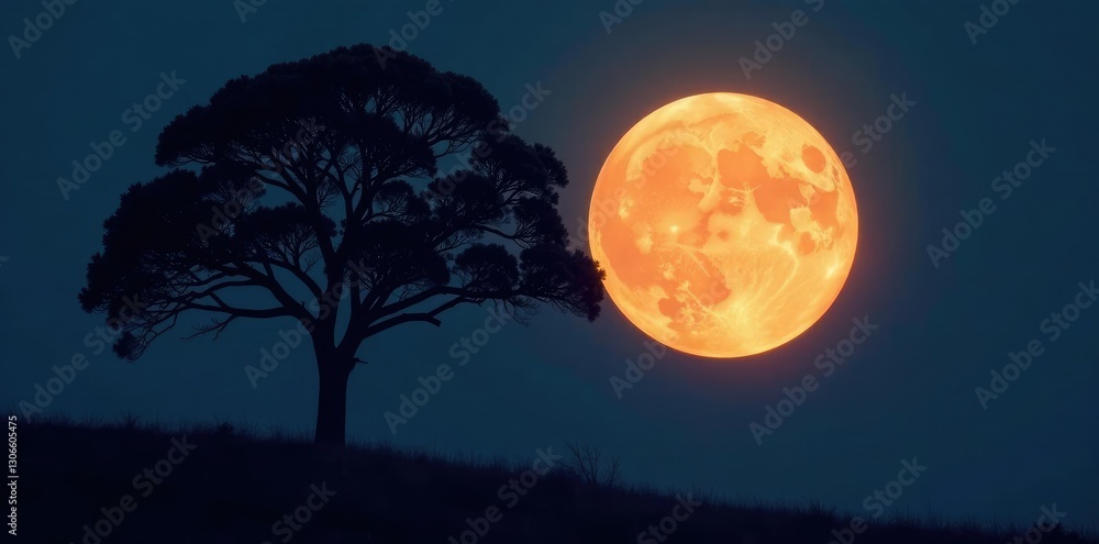 Tree's dark silhouetted form against the bright glowing disk of a giant moon, contrast, full moon Tree's dark silhouetted form against the bright glowing disk of a giant moon, contrast, full moon