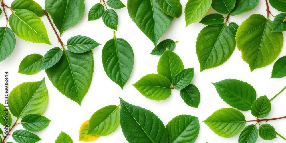 Vibrant green leaves, various shapes and sizes, isolated on pure white, texture, vegetation Vibrant green leaves, various shapes and sizes, isolated on pure white, texture, vegetation