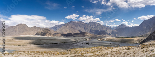 Scenic mountain landscape panorama of Shyok river valley in summer, Ghanche, Gilgit-Baltistan, Pakistan