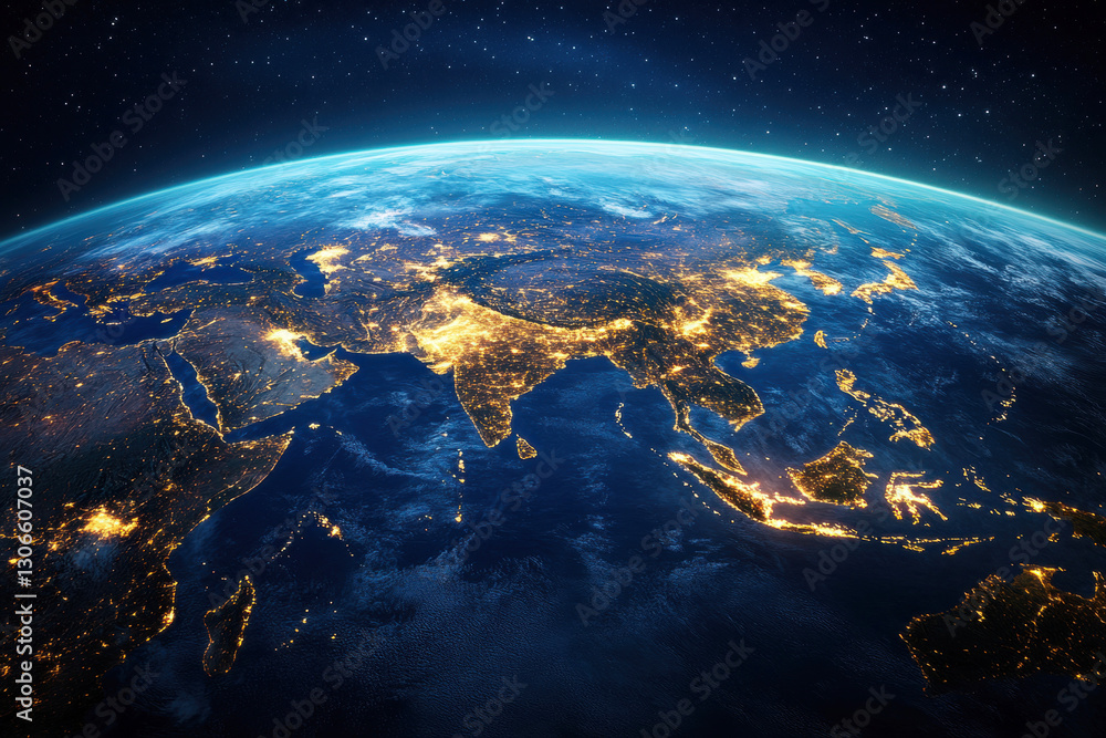 Fototapeta premium Night view of Asia from space showcasing city lights