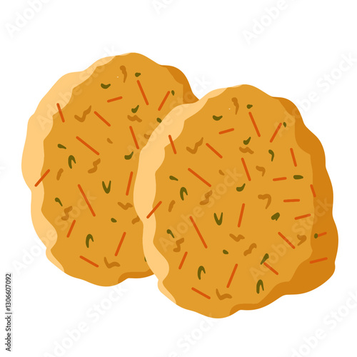 A pair of deep-fried vegetable fritters, speckled with red and green seasoning. The crisp texture and rich taste make this Indonesian street food a favorite savory treat.

