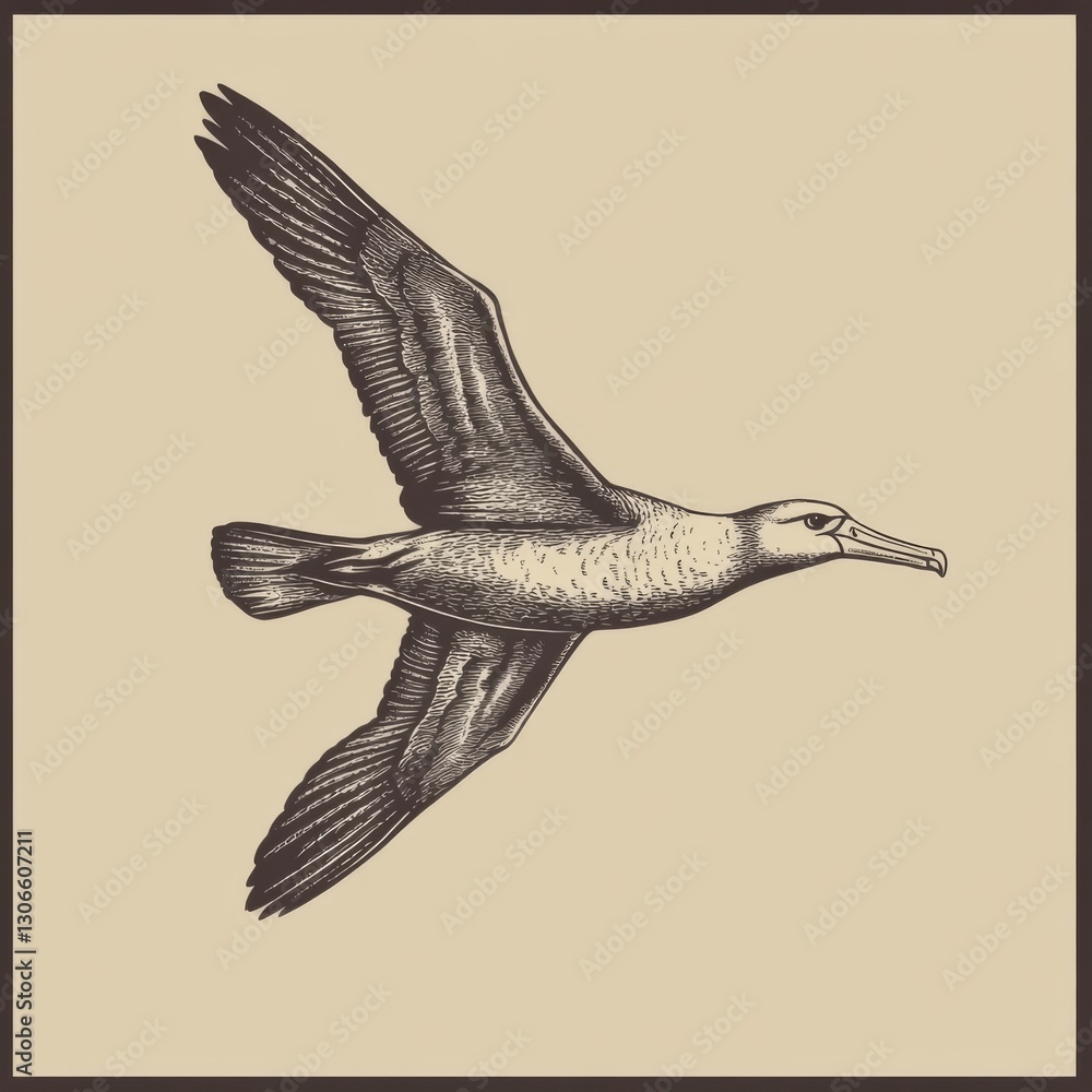 Fototapeta premium Detailed illustration of an albatross soaring gracefully against a plain background