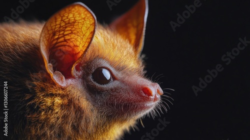Detailed portrait of a small brown bat on black background
