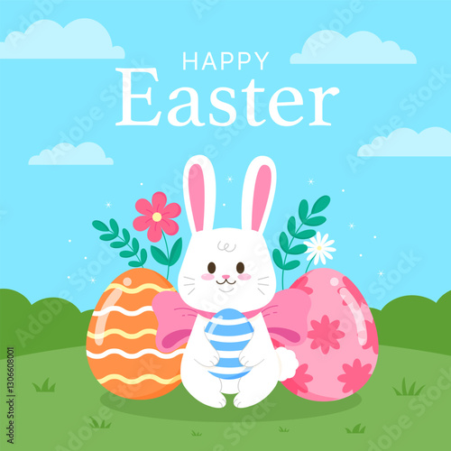 Happy easter day with rabbit funny cute egg banner post social