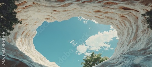 A car backplate showcasing a geometric white ring, situated within a colorful abstract panoramic background, crafted using sophisticated 3D rendering and computer-generated digital illustration tools