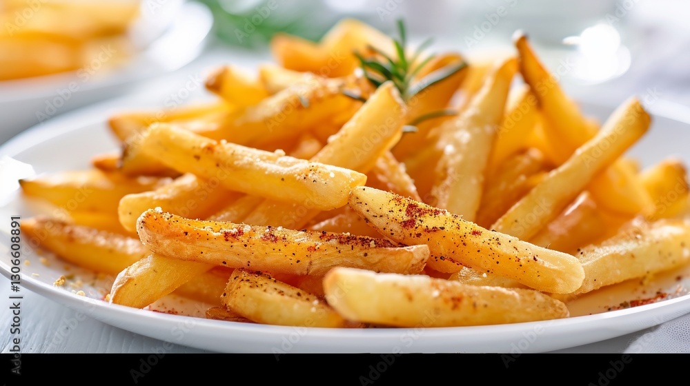 Crispy seasoned fries served on white plate Crispy seasoned fries served on white plate