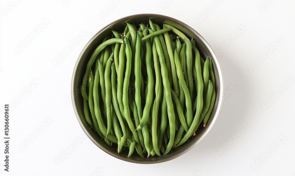 Green beans in bowl, overhead view, white background Green beans in bowl, overhead view, white background