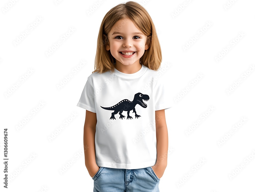 Smiling child wearing dinosaur t-shirt home fashion photo bright background casual viewpoint Smiling child wearing dinosaur t-shirt home fashion photo bright background casual viewpoint
