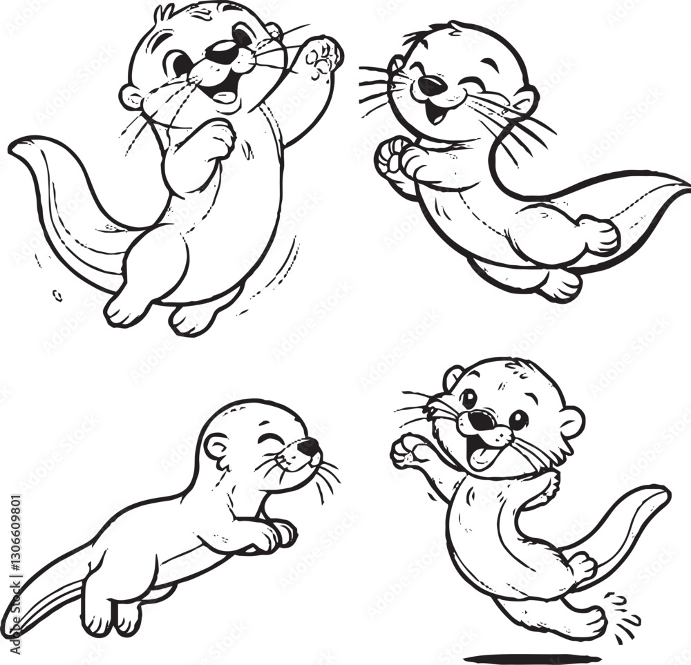 Charming Cartoon Otter Silhouettes - Black and White Avian Illustrations Charming Cartoon Otter Silhouettes - Black and White Avian Illustrations