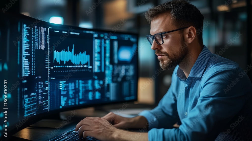 Professional analyzing data on dual monitors in a modern office setting at night Professional analyzing data on dual monitors in a modern office setting at night