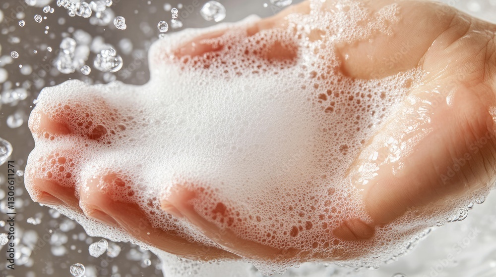 Fototapeta premium Close-up of fingernails being scrubbed with soap and water.