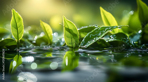 Close-up of green tea leaf with water drops on it
