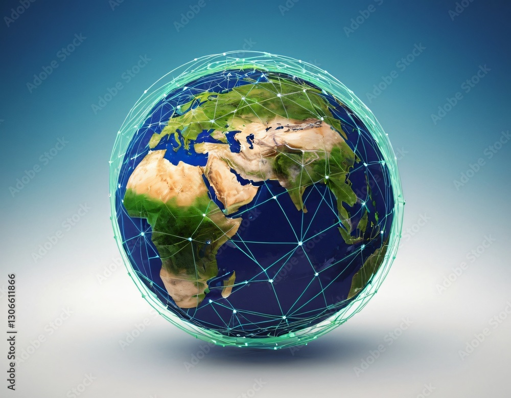 Naklejka premium Stylized digital globe logo, featuring interconnected lines and dots to symbolize global connectivity and advanced technology, in cybernetic blue and digital green colors, white background