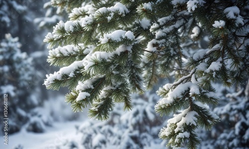 Snow covered fir branches with snowfall flakes, covered, flakes, background